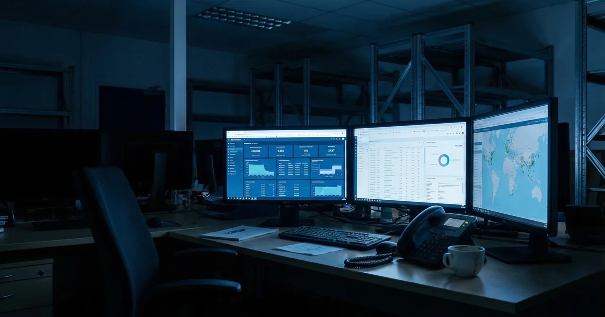 Empty freight forwarding office at night with shipment dashboards on monitors
