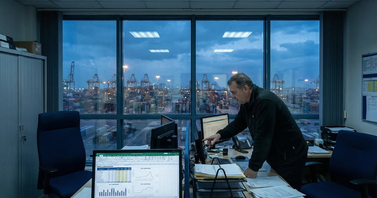 Operations manager comparing freight rates at night with container terminal in background